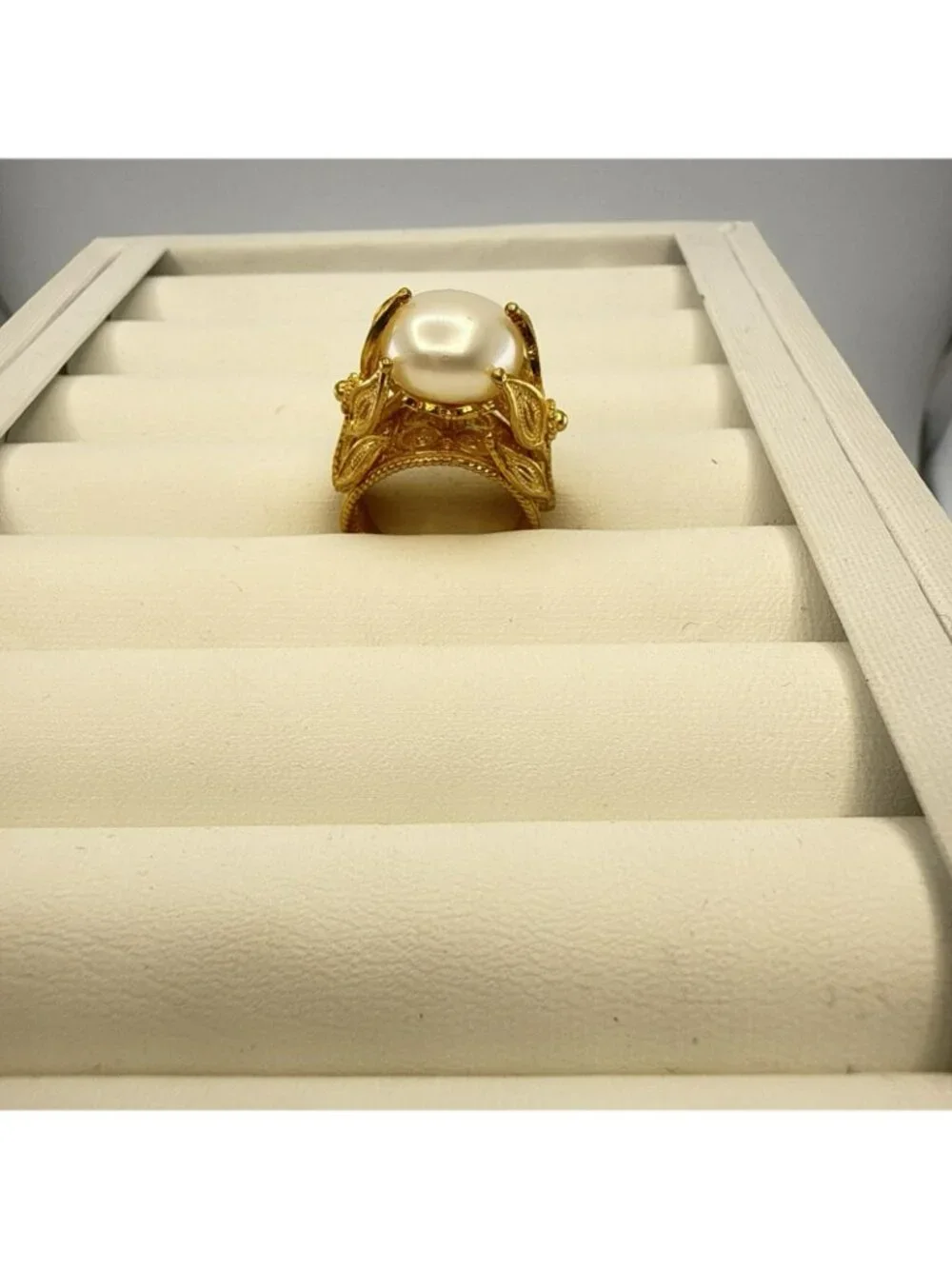 JTV Ring Pearl Sterling Silver 925 Gold Vermeil size 7 Elaborate Fancy Leaf Vine
